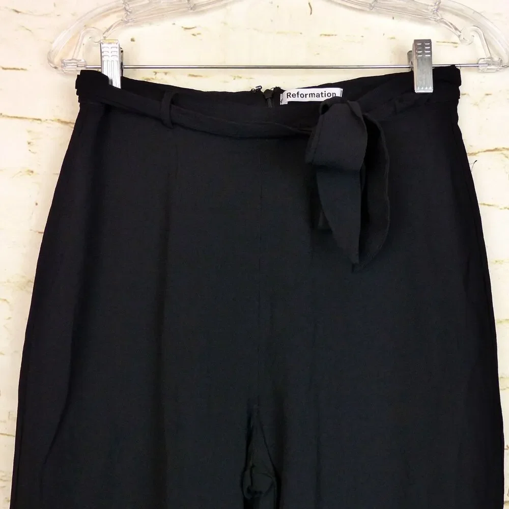 Reformation Pants Womens 8 Black Wide Leg High Rise Tie Belt Flowy Lined Boho - Picture 5 of 11